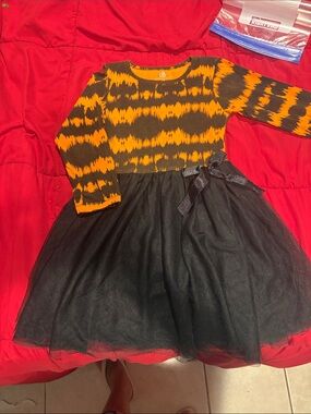 Girls' Orange and Black Tie-Detailed Tulle Dress